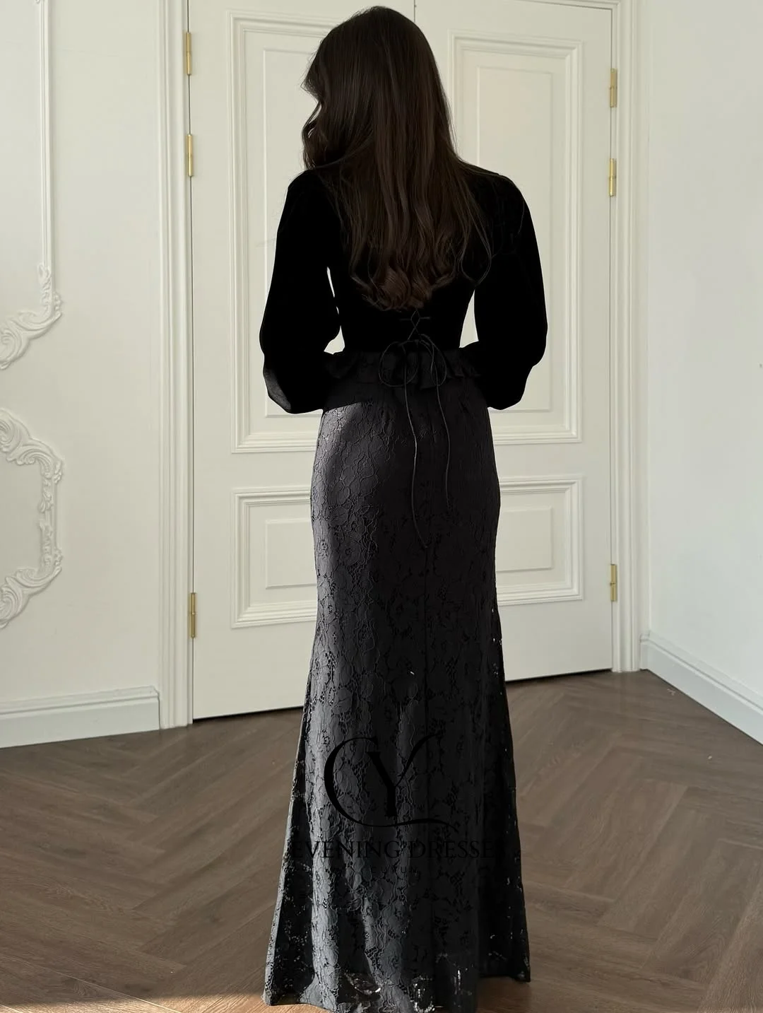 CUYUN Long Sleeves Black Evening Gown Women Lace Patchwork Elegant Formal Event Dresses Customized Mermaid Party Dress Birthday