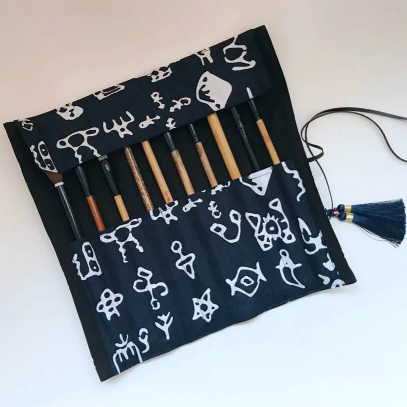 Cotton Pencil Bag Chinese Painting Calligraphy Brush Pencil Case Watercolor Brush Pen Curtain Roll Calligraphy Pen Storage Bags