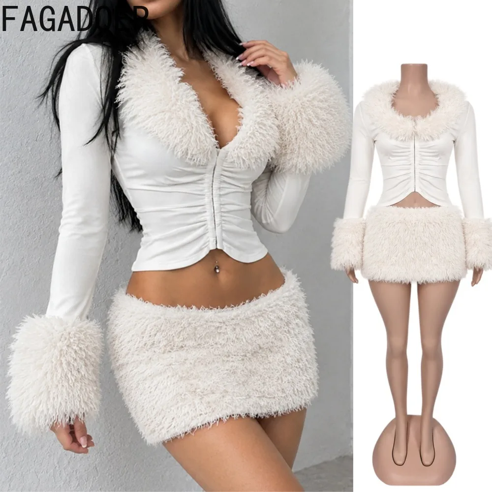 FAGADOER Women Fuzzy Faux Fur Two Piece Outfit Long Sleeve Ruched Crop Top Fluffy Mini Skirt Sexy Winter Party Matching Set New