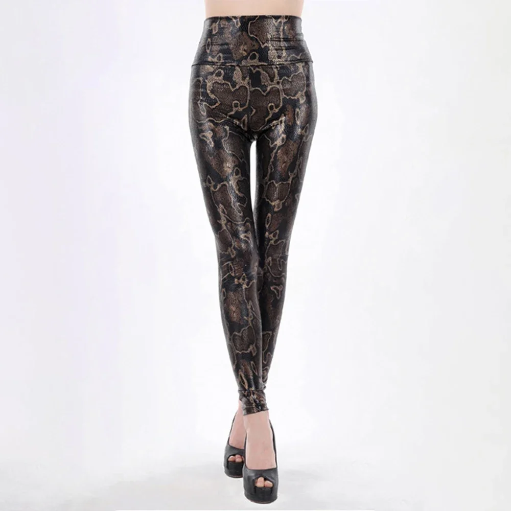 Women\'s Sexy Faux Leather Leopard Patterned High-Waist Shiny Wet Shiny Print Slim Pants Elastic Leggings Cropped Ladies Pants