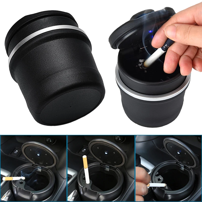 Car Ashtray with LED Light Multifunction 2 in 1 Ashtray Storage Box Holser Brackets Organizer Car Accessories Interior 1Pc Black