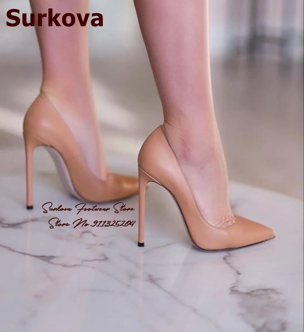 Surkova Women Pink Brown Matte Leather 12cm High Heel Shoes Pointed Toe Shallow Slip-on Dress Pumps 10cm 8cm Dropship Size45