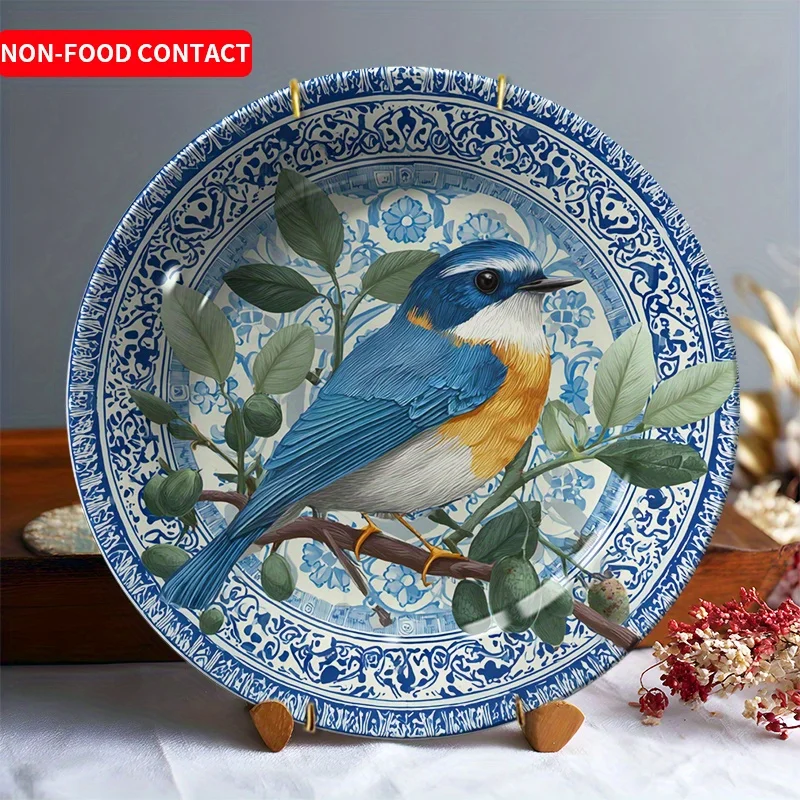 1pc Art Deco Ceramic Decorative Plate with Blue & Yellow Bird Perched on Branch Design - Round Wall Hanging Ornament for Home,