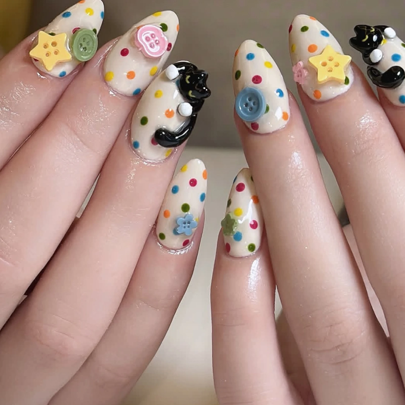 24pcs Coloful Polka Dot Fake Nails Cute Cartoon Black Cat Star Flower Button Decor Press On Nails White Almond Korean False Nail