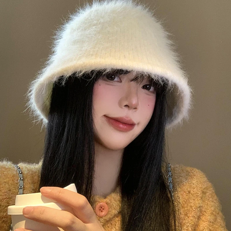 Rabbit hair fisherman hat for women Autumn-winter basin hat head round plush senior sense face small white bucket hat for women