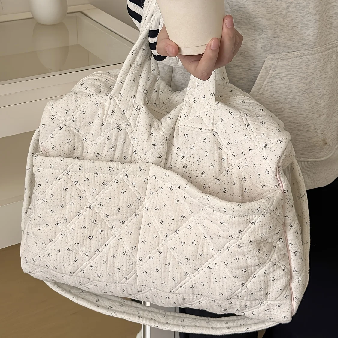 

Floral Cotton Travel Tote Bag Large Capacity Portable Storage Bag