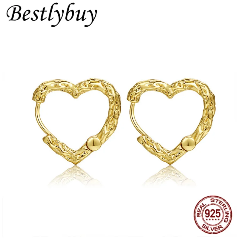 

Real 925 Sterling Silver Irregular Texture 1.6CM Heart-shaped Earrings With A Simple And Sweet Design For Women