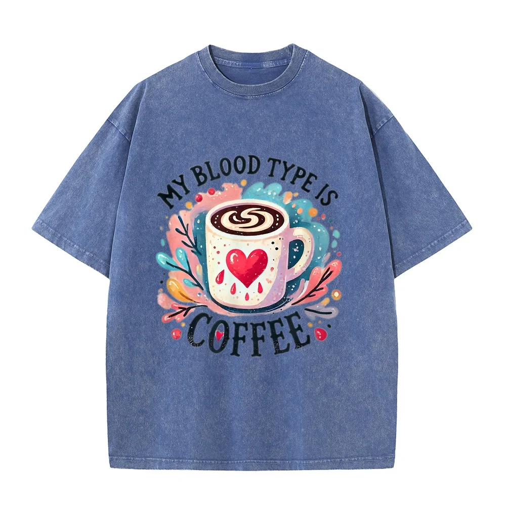 My Blood Type is Coffee T-Shirt Overfit Men's Short Sleeve High End Clothing T Shirt Y2k Men 100 Cotton Printed Casual Tee