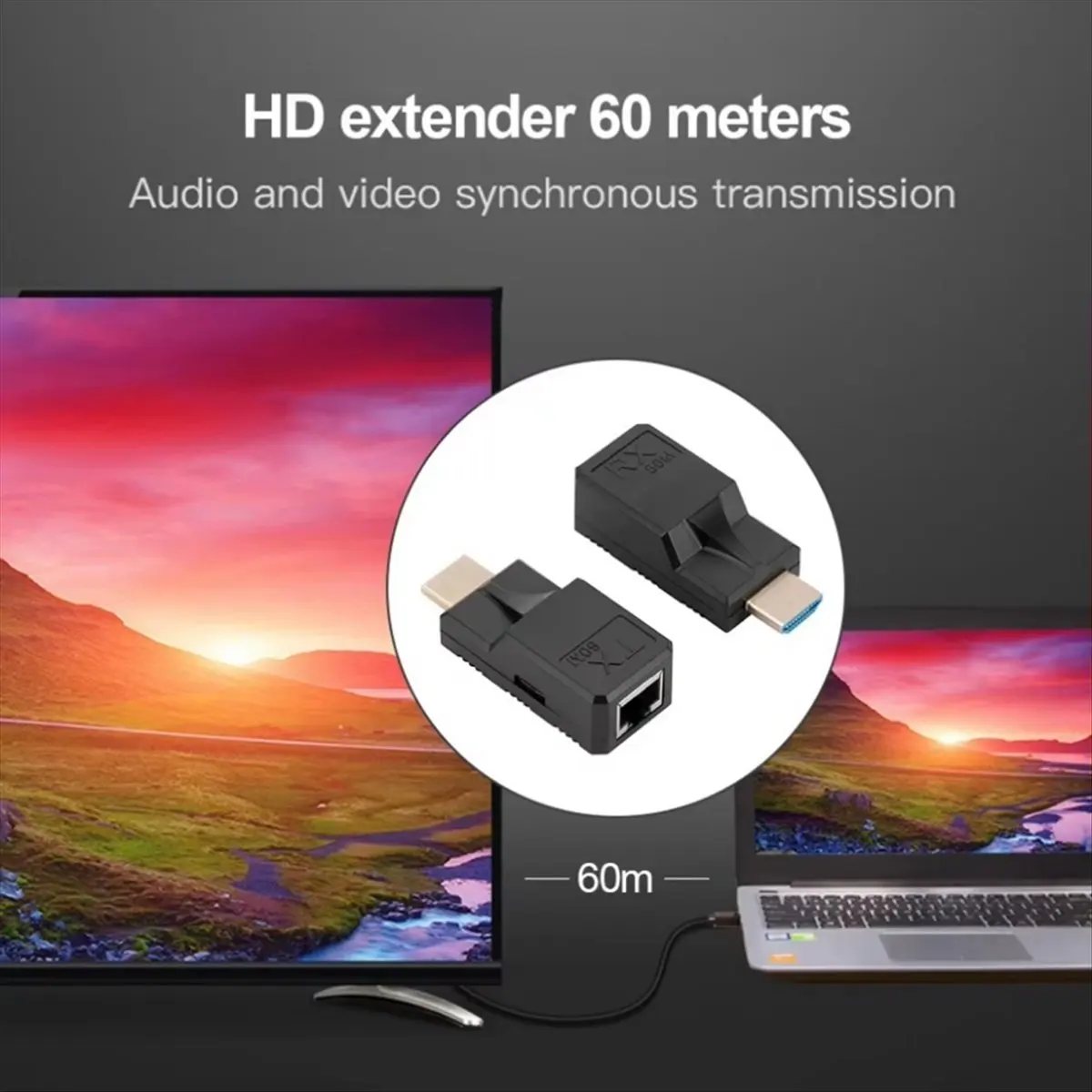 1080P 60Hz HD Extender RJ45 Ports Network 60M HD to RJ45 over CAT5e/6/7 UTP LAN Extender Adapter for PC Loptop HDTV