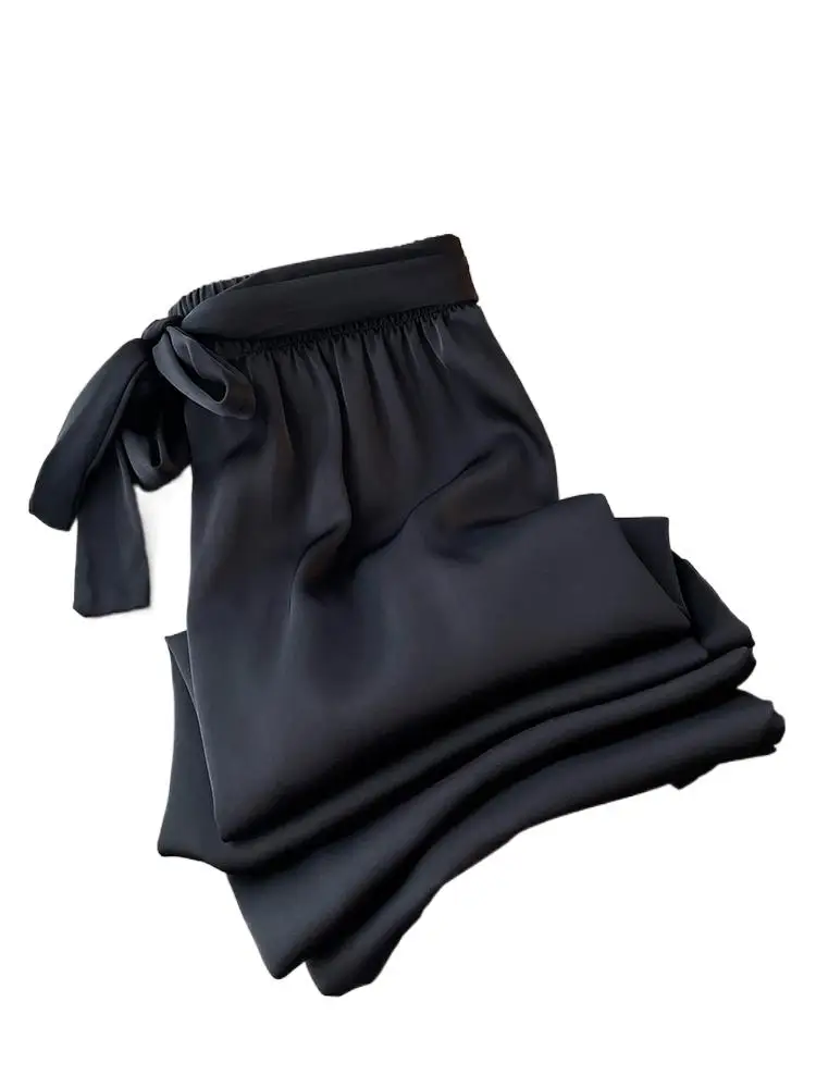 Calça feminina de perna larga acetato de seda gelo cintura alta, calça comprida maxi comprida cetim de seda solto verão, com renda para cima