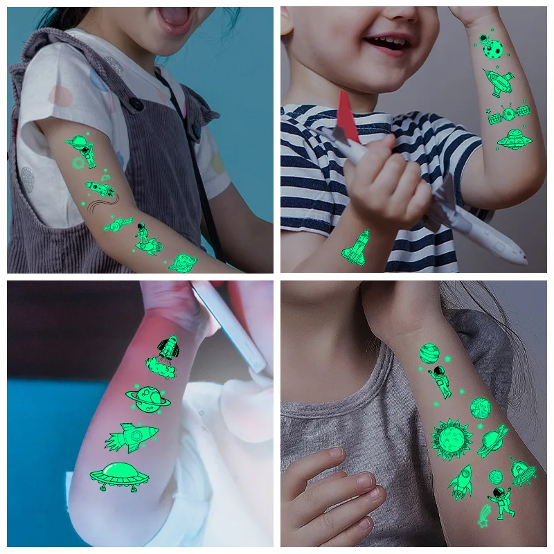 Pegatinas de tatuaje luminosas a prueba de agua, 5 piezas, fiesta para niños, universo, cohete espacial, OVNI, pegatinas temporales interestelar, juguete, regalos