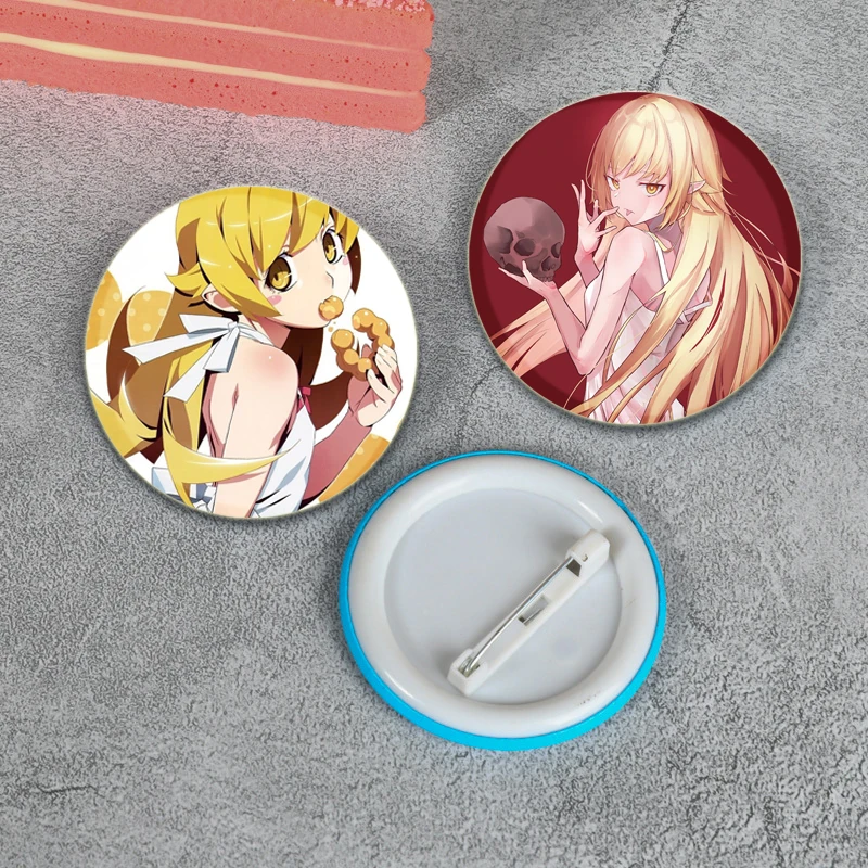 Anime Figures Shinobu Oshino Round Soft Button Pins Brooch DIY Backpack Clothes Decoration Jewelry Accessories Gifts for Friends