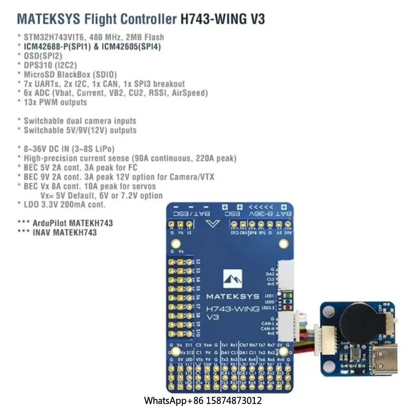 MATEK H743-WING V3 ArduPilot INAV 3-8S H743 Fl ight Controller FC 30.5X30.5mm dla RC Ai rplane Multirotor Fixed-Wing Dr ones DIY