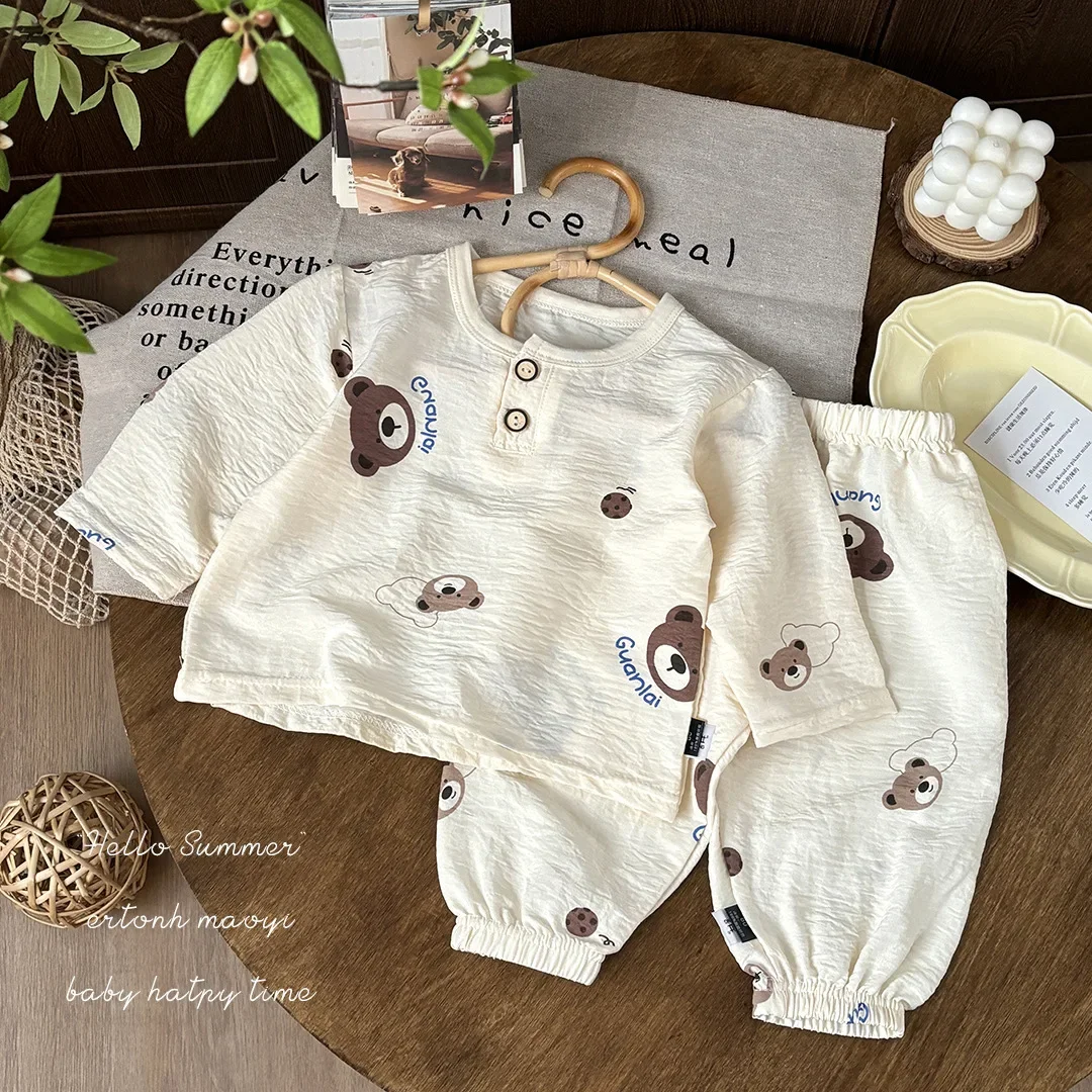 Kids Summer Thin Pajamas Homewear New 2025 Boys Girls Cute Cartoon Panda T-shirts + Pants Sleepwear Baby Casual Clothing Set