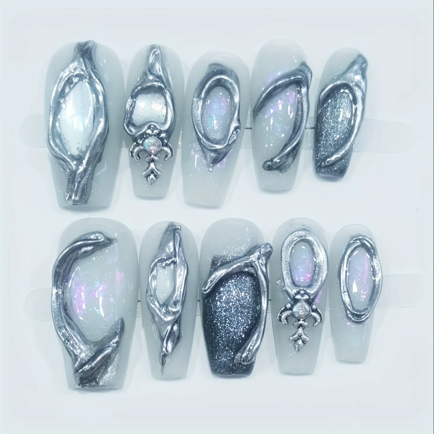 10pcs Shimmering Ice Transparent Gray Press On Nails with Magic Mirror Powder and Rhinestone Design - Glossy Long Coffin False N