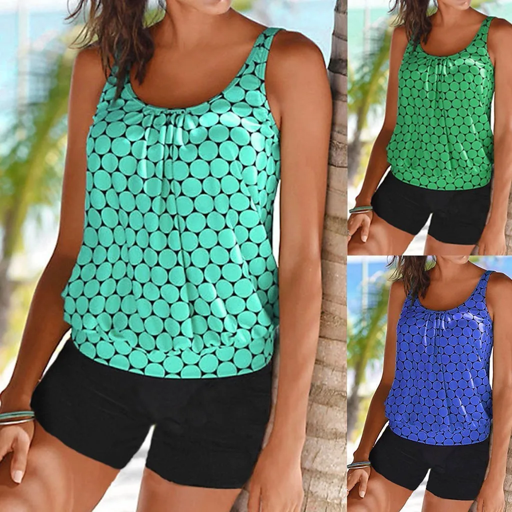 Woman Tankini Plus Size With Shorts Tankini Top Polka Dot Ruched Front Two Piece Swimsuit High Waist Turquoise Swim Separates