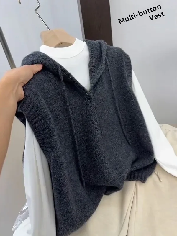 Korean Design Knitted Vest Women's Spring Loose Slimming Base Layer Top Drawstring Hooded Versatile Minimalist Style Inner Wear