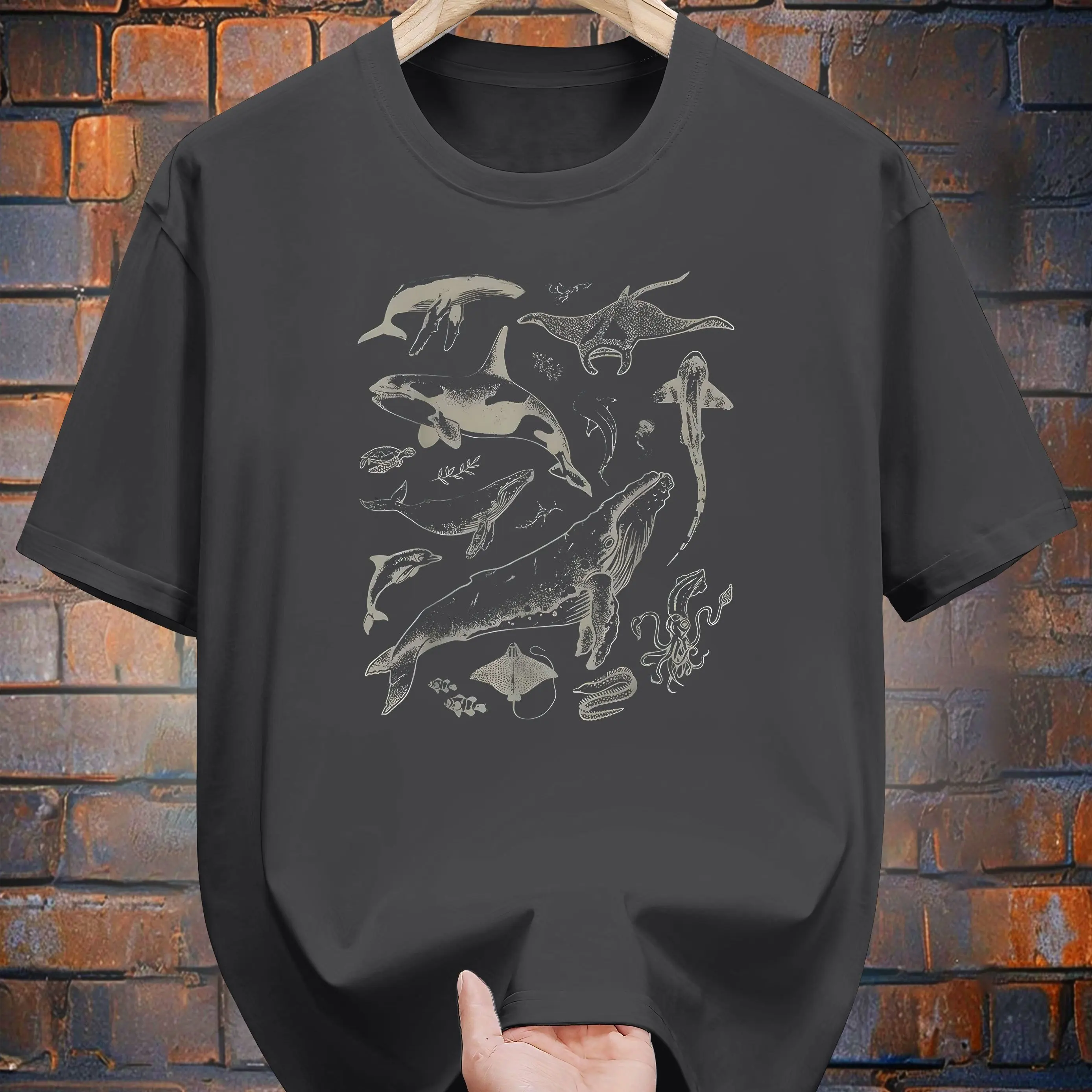 Cotton Print Short Sleeve T-Shirt - Whale Shark Design Casual Summer Tee for Adults Round Neck Men Clothing