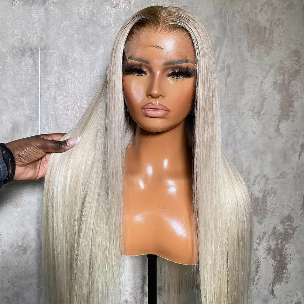 Platinum Blonde Ash Roots Silky Straight Wig Glueless HD Lace Wig High Heat Synthetic 5% Blend Human Hair Lace Front Wigs 30