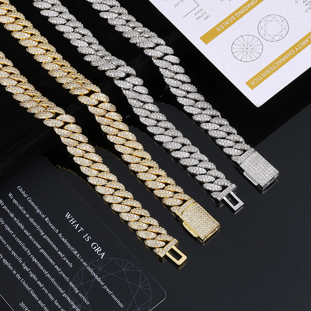 FLEXKING 10mm VVS1 Moissanite Cuban Link Chain Necklace Bracelet For Men Women Gold Color Brass Iced Out Hip Hop Jewelry