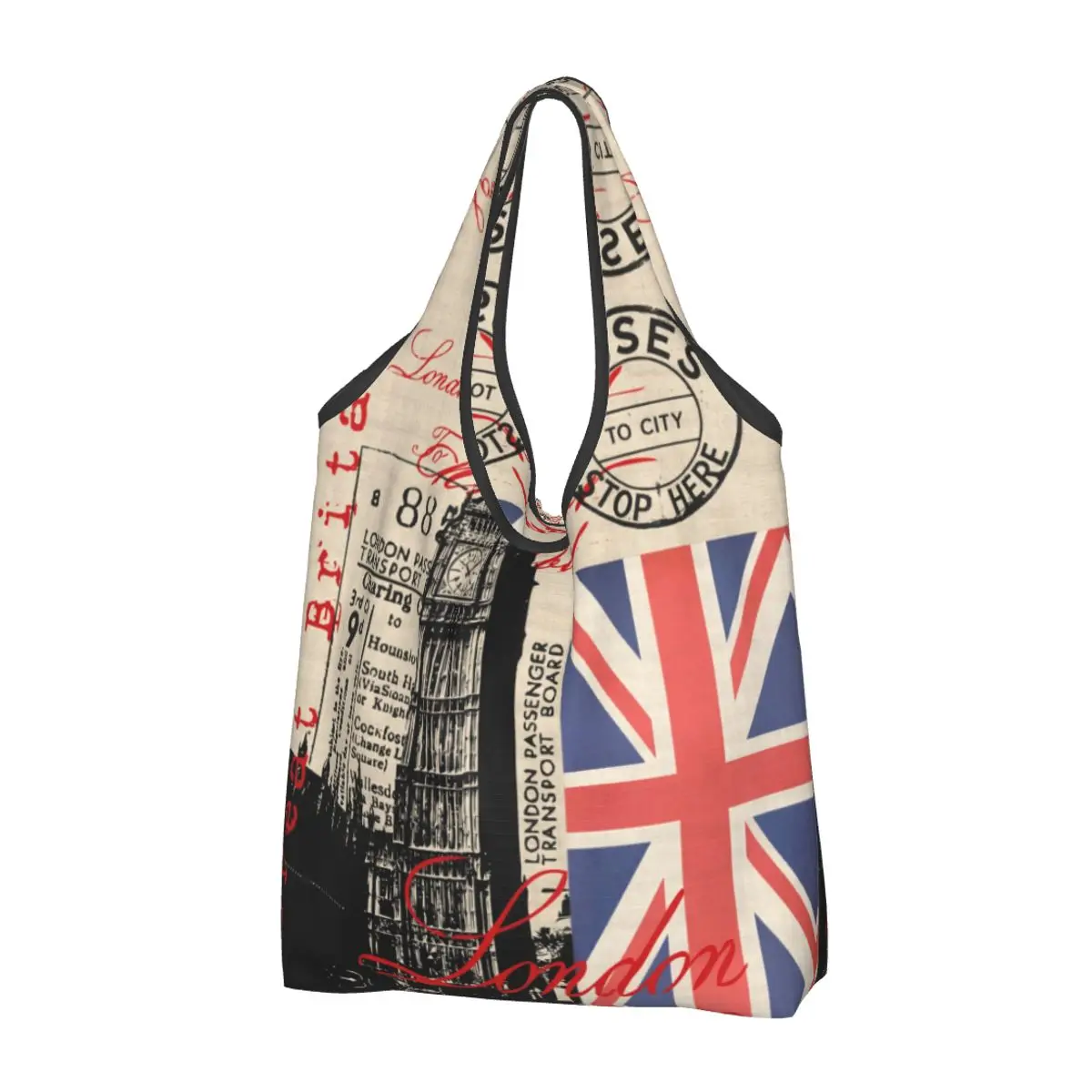 Niestandardowa torba na zakupy Retro Vintage London Groceries Funny Shopper Tote Torba na ramię Duża pojemność Przenośna torebka z flagą brytyjską w Wielkiej Brytanii