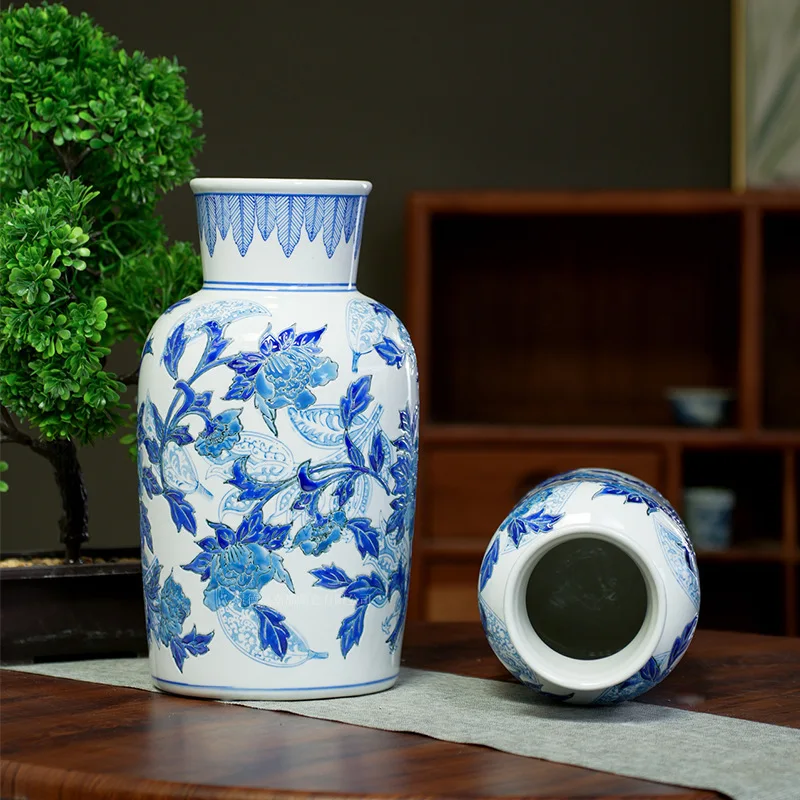 Modern Embossed Floral Ceramic Vase Dining Table Decoration Plant Pot Living Room Peony Water Vase Crafts Indoor Aesthetic Decor