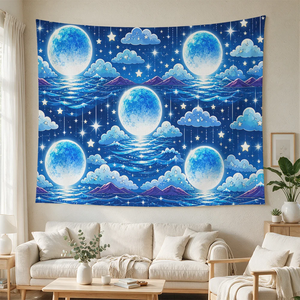 Vibrant Galaxy Night Sky Dream Curtain Tapestry Blue Moon Stars Ocean Wave Boho Living Room Wall Decor