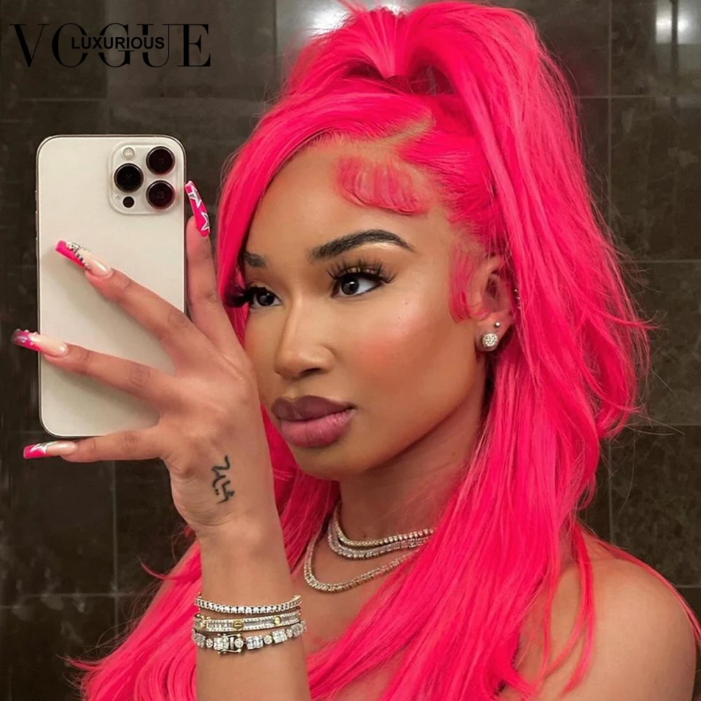 

Full Density 13x4 Transparent Lace Front Wig Straight Loose Body Wave Hot Pink Colored Human Hair Wigs For Women Wig Pre Cut