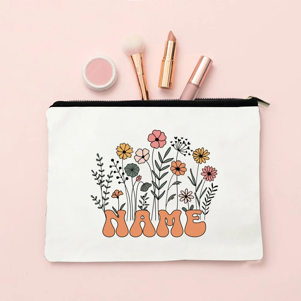 Personalized Flower with Name Makeup Bag Travel Cosmetic Case Canvas Monogram Toiletry Bag Festive Birthday Wedding Gift for Her