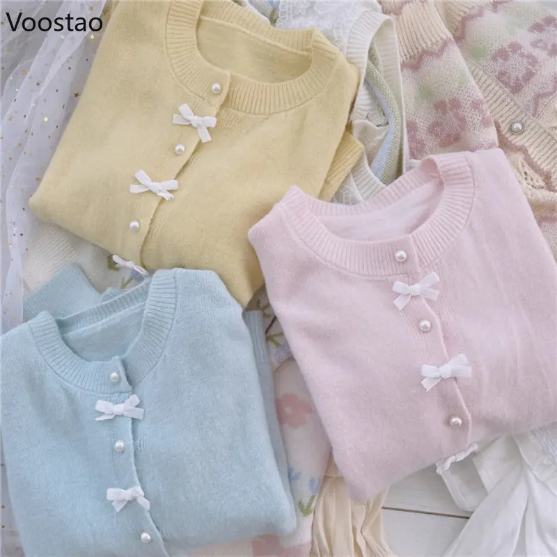 Autumn Japanese Kawaii Girls Lolita Knitted Cardigan Sweet Cute Pearl Bow Pink Sweater Tops Women Harajuku O-Neck Knitwear Coat