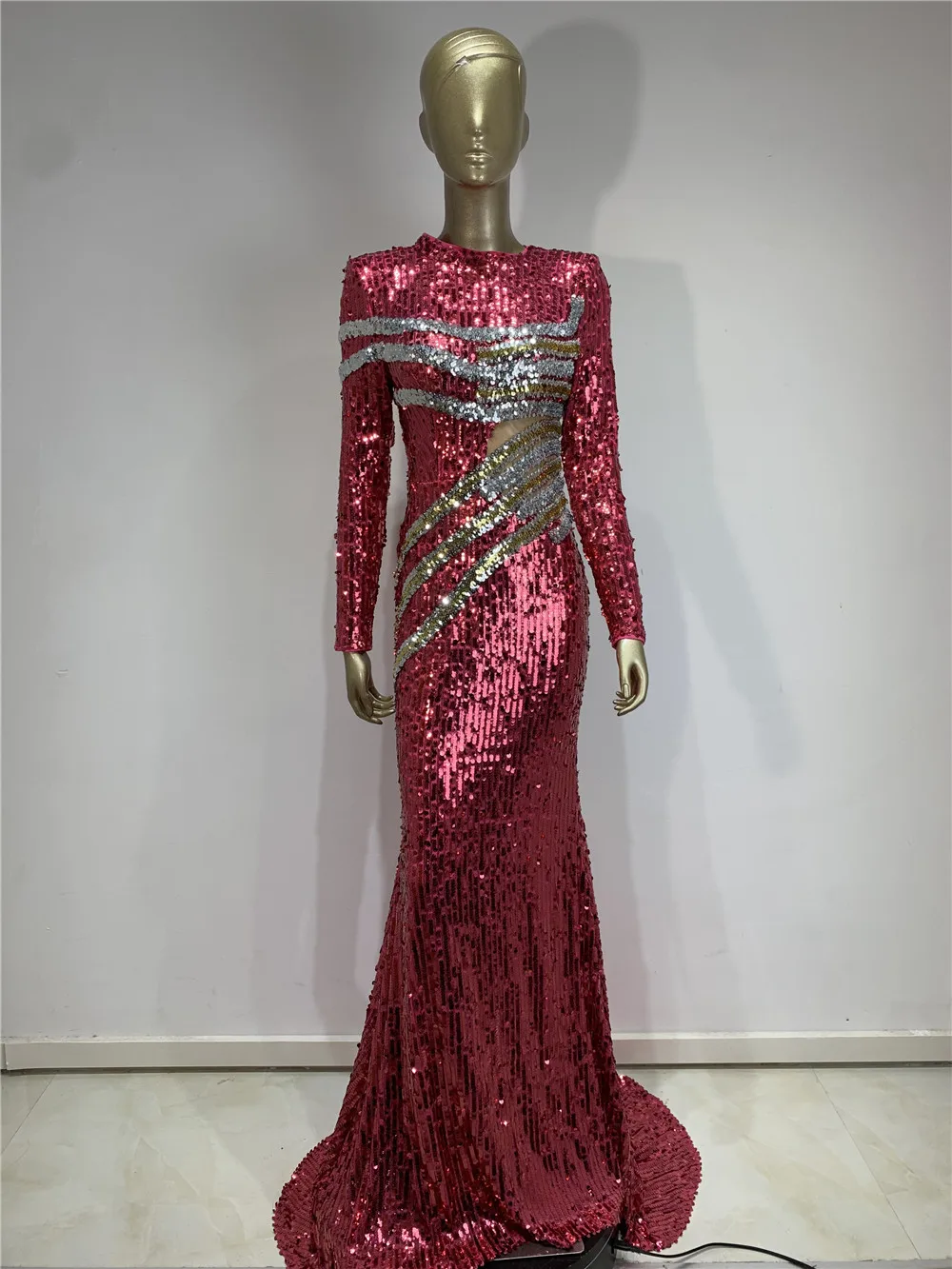 Women Luxury Sparky Party Dress Long Sleeve Turtleneck Sequines Glitter Maxi Long Celebrity Evening Prom Gowns For 50-60 Ladies