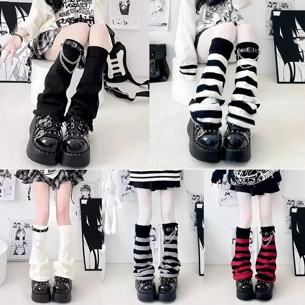 Japanese Style Harajuku Knit Leg Warmers Striped Slouchy Knit Leg Warmers Socks Chain Loose Stacked Boot Socks For Women