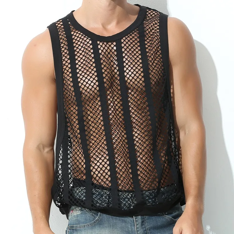Mens Undershirts Hollow Out Mesh Split Men's Vest Youth Sexy Solid Color Casual Breathable Round Neck Sports Loose Tops