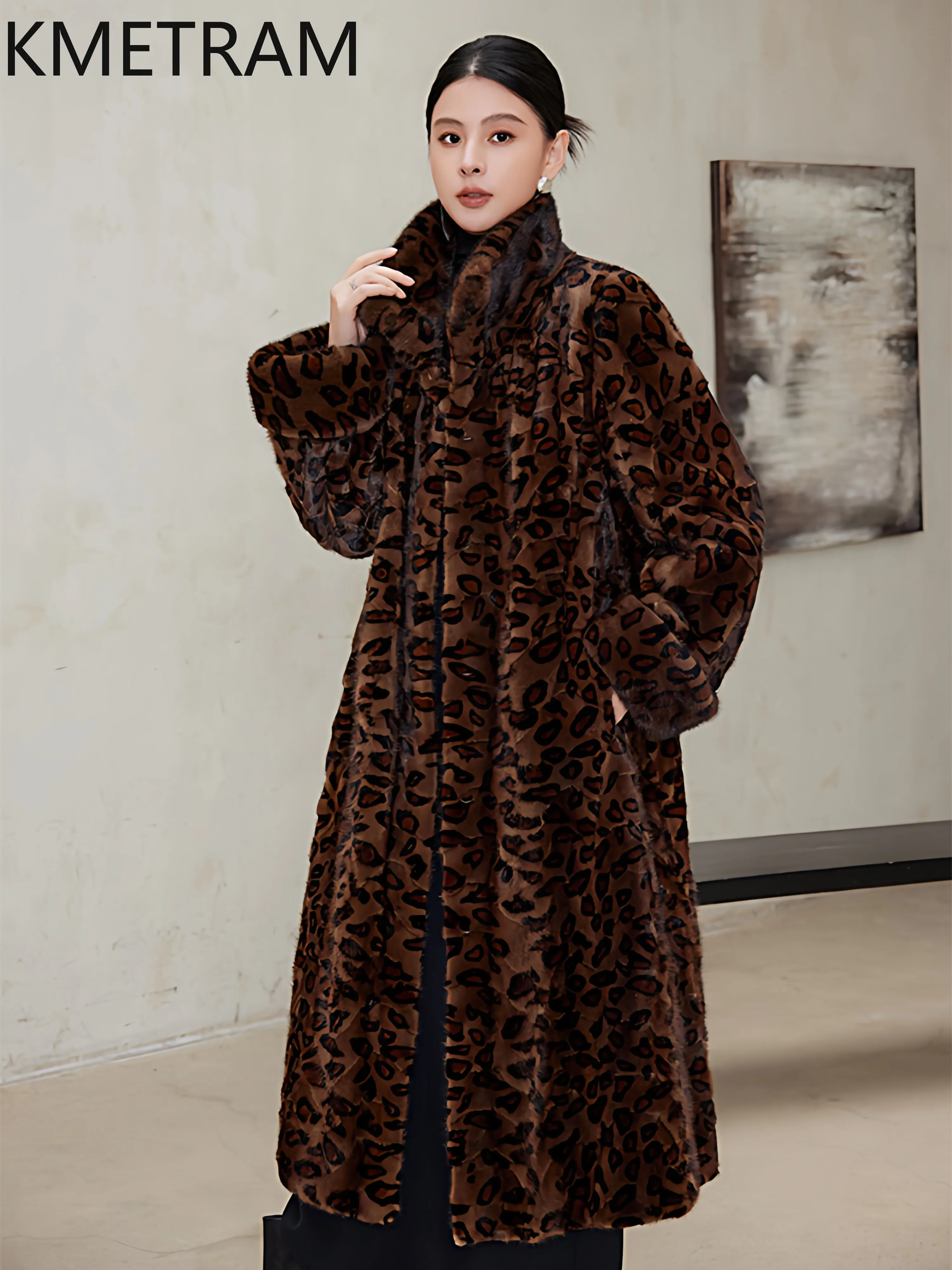 KMETRAM Real Velvet Mink Fur Coat Woman Fashion Leopard Print Long Fur Jacket New Winter Warm Coats Women Clothing 2026 jaqueta