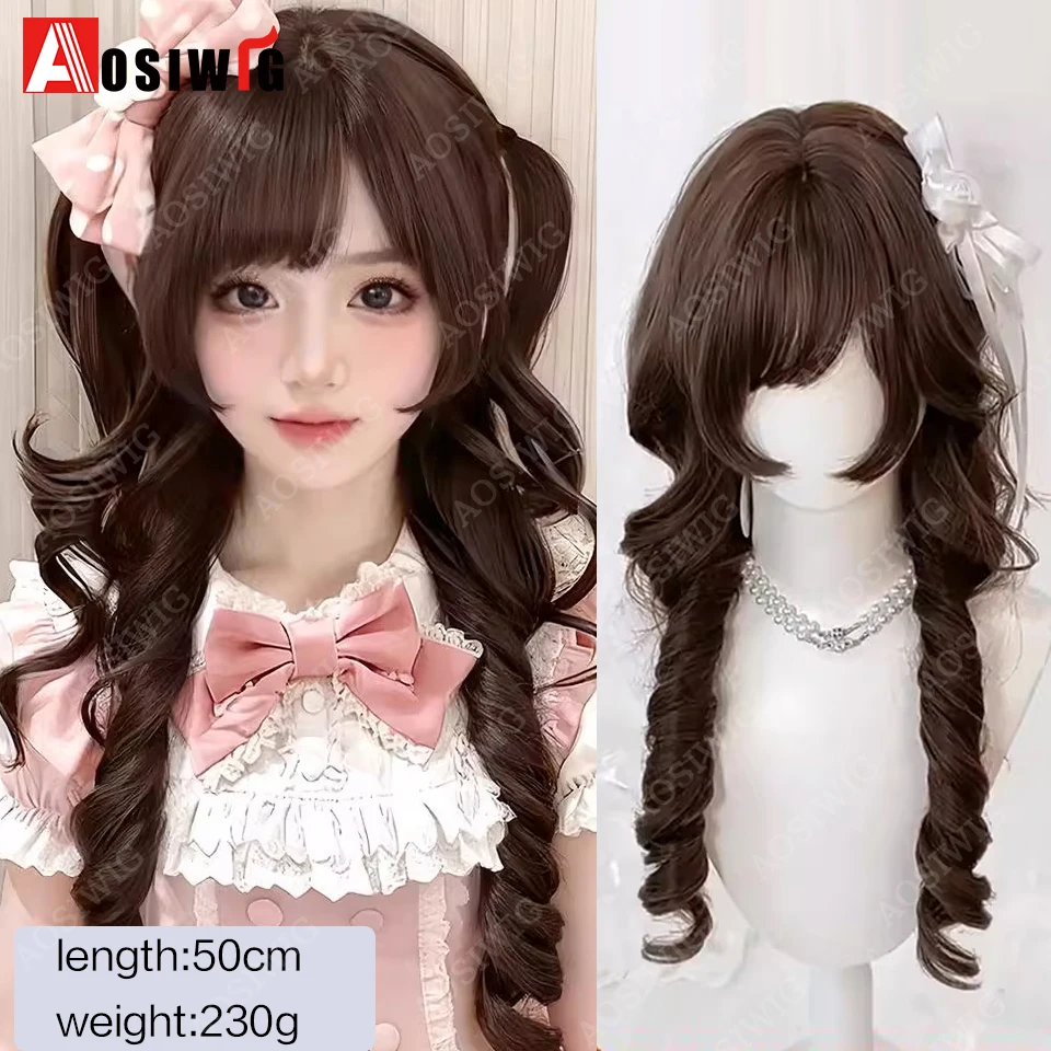 Synthetic Long Ginger Orange Brown Wavy Braid Wigs with Bangs Lolita Cosplay Halloween Hair Wigs for Women Heat Resistan