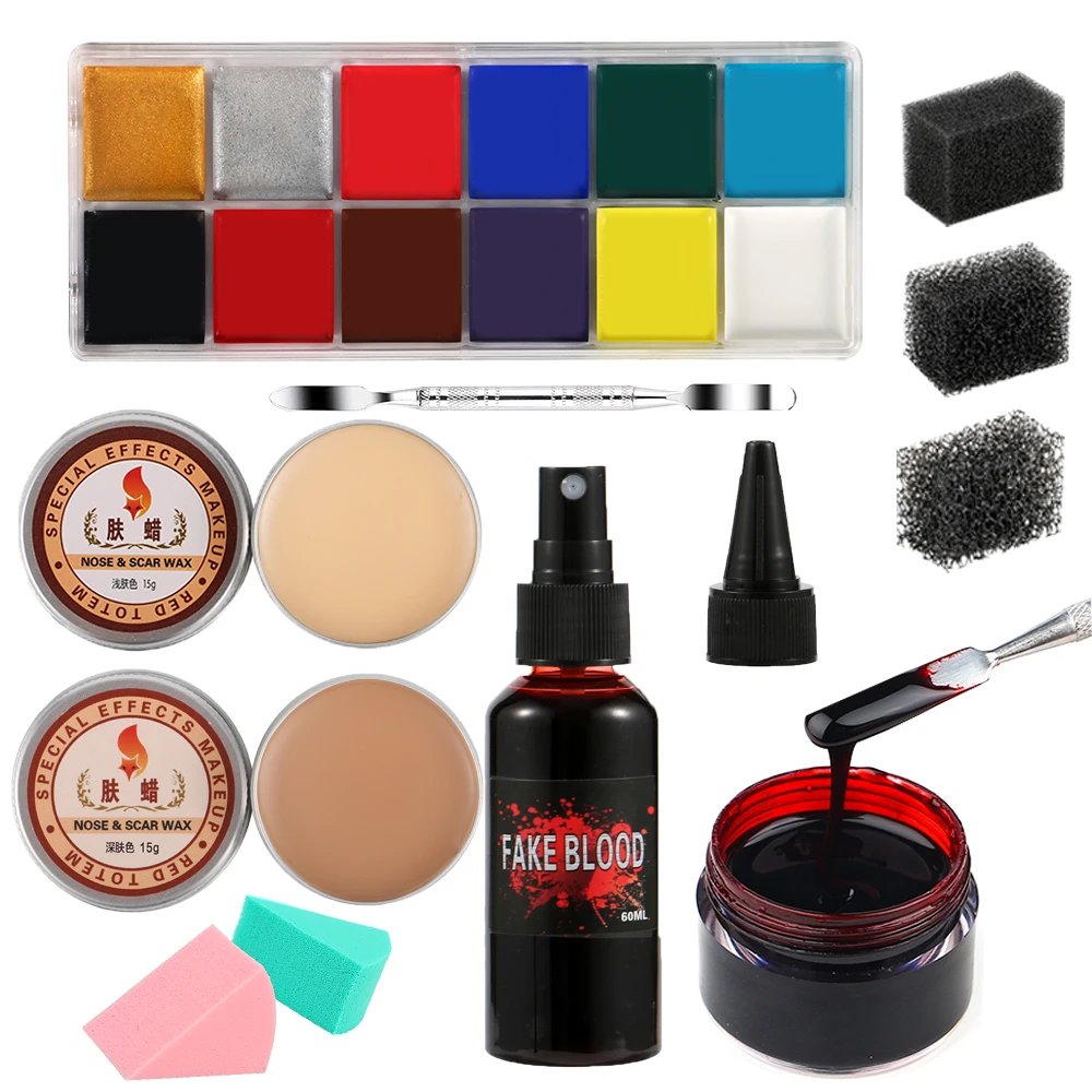 Spezialeffekte SFX Halloween-Make-up-Set – 12-Farben-Gesichts- und Körperbemalungspalette + Narbenwachs mit Spatel-Werkzeug + Kunstblut + Schwamm