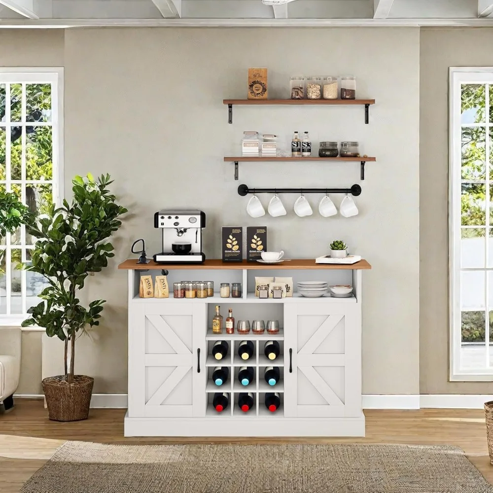 Farmhouse Sideboard Buffet Cabinet with Storage, 47" Coffee Bar with Power Outlet, Wall-Mounted Floating Shelves