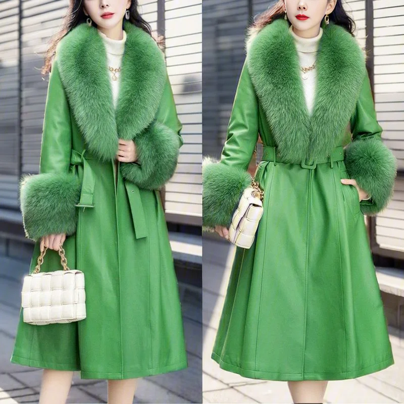 Winter Fashion Imitation Fox Fur Collar Thickened Washed Leather Coat Women High-End Slimming Faux Fur Coat Jacket Women