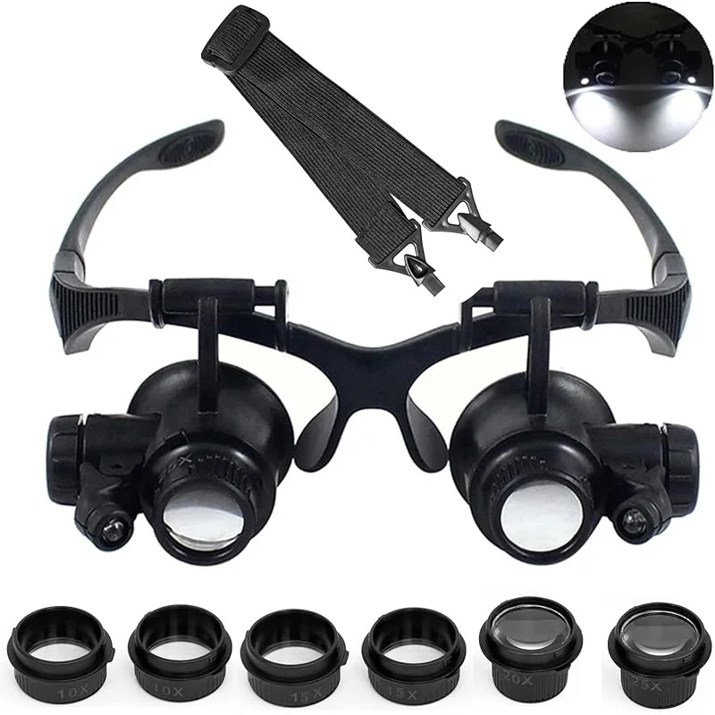 

LED Head Mount Magnifier 10X 15X 20X 25X Hands-Free Magnifying Glass Jewelry Craft Watch Repair Tattoo Headband Magnifier Visor