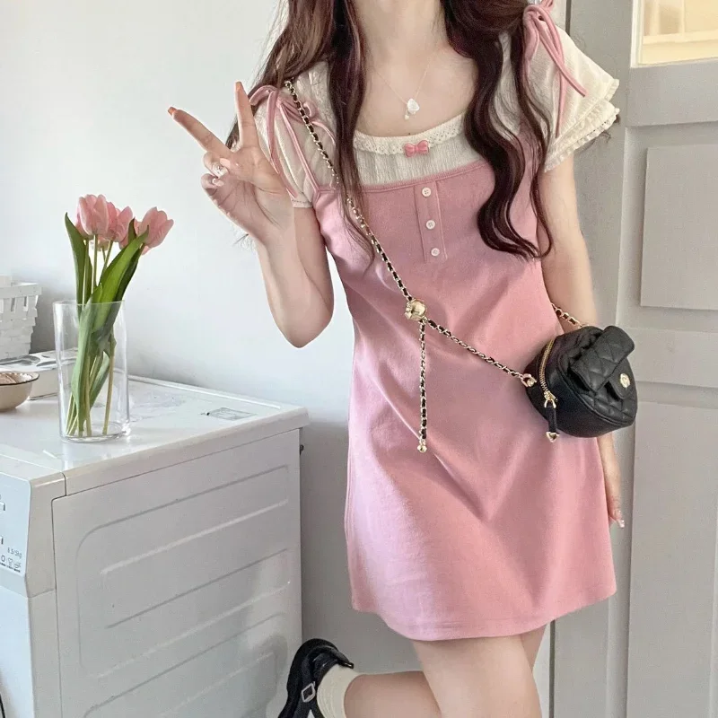 Short-sleeve Dress Women Chic Sweet Summer Mini Preppy Style Patchwork Design Japan Fashion A-line Student Streetswear Sundress