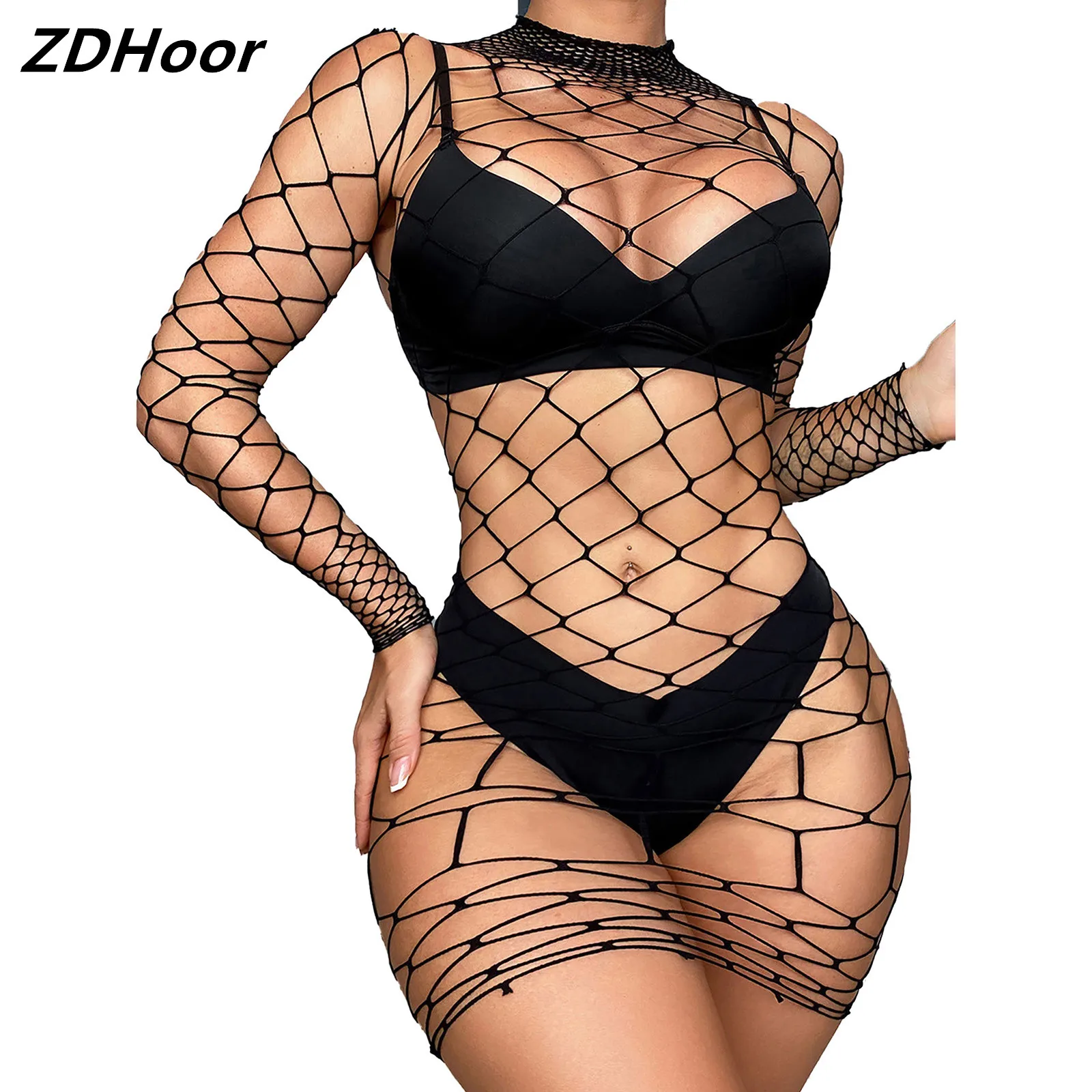 

Women Fishnet Mini Dress Long Sleeve Mock Neck Hollow Out Bodycon Babydoll Nightwear with Lingerie Set