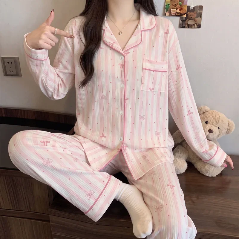 French-Style Sweetheart Pajamas for Women, New Autumn Long Sleeve Homewear with Bow, Wrinkled Fabric, Two-Piece Set for Girls