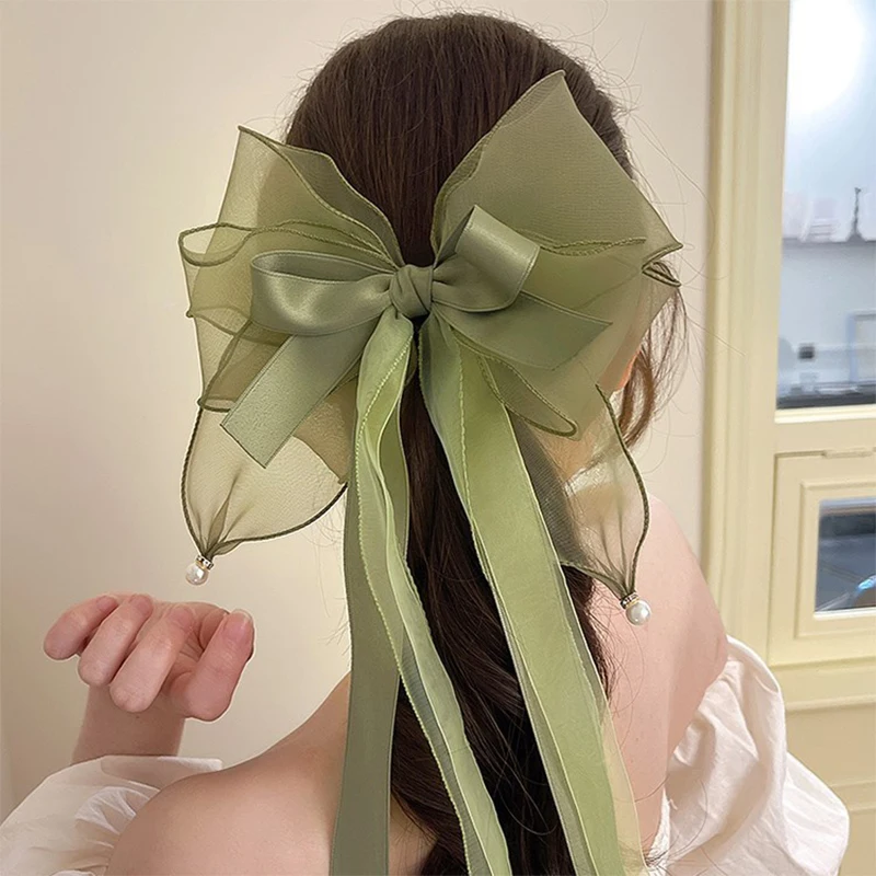 

Girls Fairy Big Bow-knot Hair Clips Accessories for Women Korean Fashion Long Bow Ribbon Pearl Tassel Elegant Headwear Hairpin