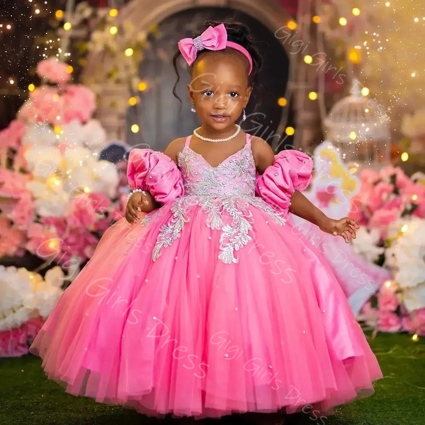 Vestido floral rosa quente para casamento, crianças, alça espaguete, apliques frisados, tule, vestido de aniversário, festa personalizada, vestido de baile