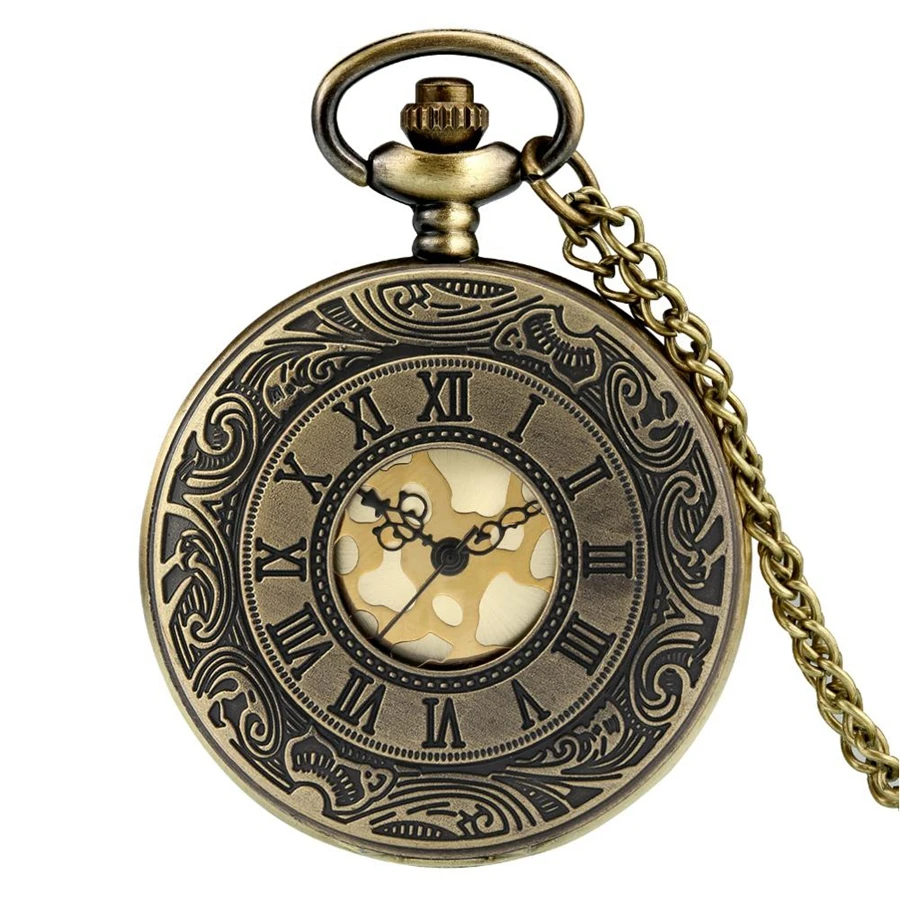 Retro Bronze Hollow Flip Quartz Pocket Watch Roman Numerals Gold Dial Watch Fashionable and Nice Chain Pendant Necklace Gifts