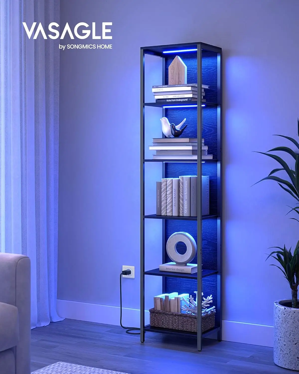 VASAGLE Scaffale a 6 Ripiani con Luce LED, Libreria con Luci Dimmerabili, Portaoggetti con Struttura in Acciaio, 30,3 x 40 x 178,6 cm, per Soggiorno, Camera da Letto, Ufficio, Nero Ebano