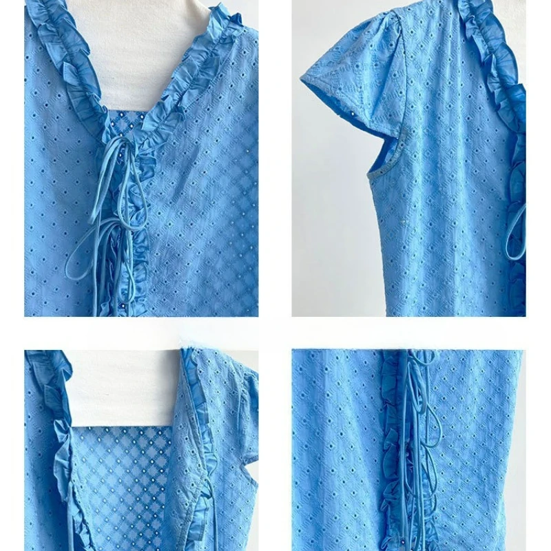 الفرنسية الحلو الفطريات حافة الخامس الرقبة قصيرة الأكمام المرأة الصيف جديد جوفاء مطرزة حزام قميص أنيق عصري مريح