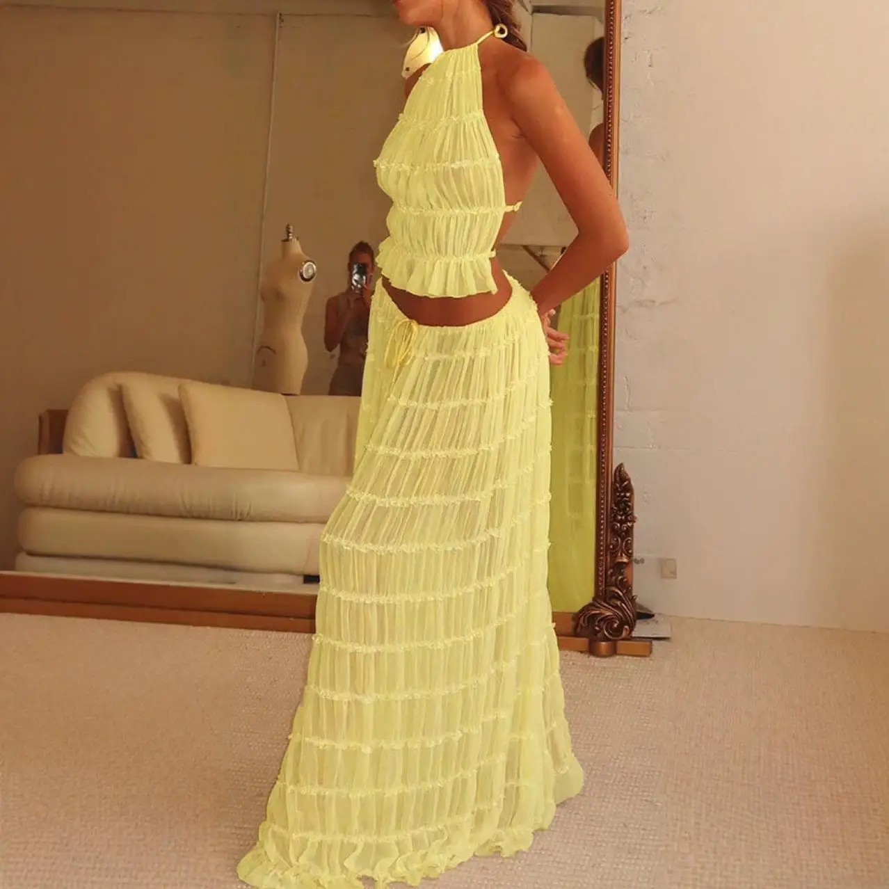 

Комплект из топа-жилетки с кружевом и длинной юбки для женщин, модный зимний наряд из двух предметов, без бренда, зарегистрированный товарный знак