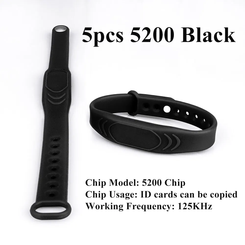 Adjustable 5PCS Pure Black Silicone RFID Wristband 125KHz/13.56MHz TK4100/IC/T5577/UID 4 Chip Optional Waterproof Bracelet