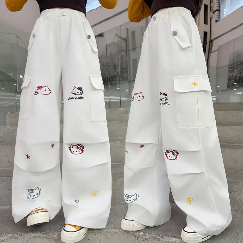 

Детские повседневные комбинезоны Kawaii для девочек, весна-осень, новые, в мультяшном стиле, широкие брюки, модные прямые брюки в корейском стиле для школьников